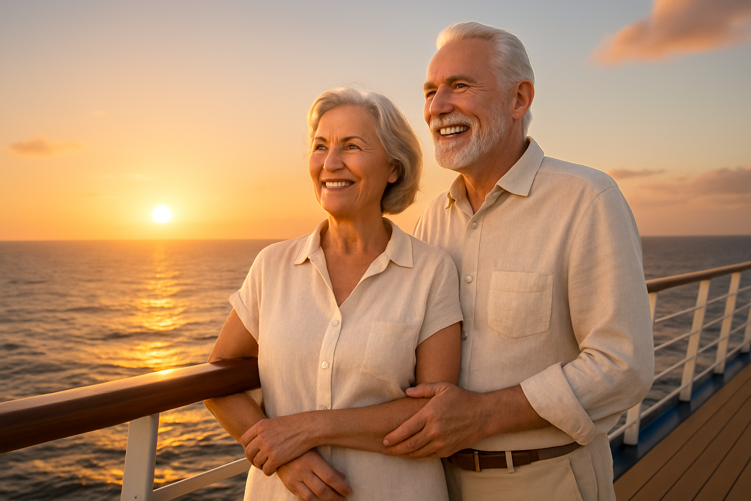 Glückliches Paar bei Sonnenuntergang Älteres Paar genießt den Sonnenuntergang auf einer Terrasse – Symbolbild für sorgenfreien Immobilienverkauf