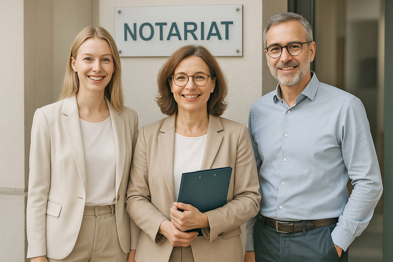 Zwei Frauen und ein Mann halten eine Notariat-Mappe im Büro – Beratungsteam für Immobilienerbschaften